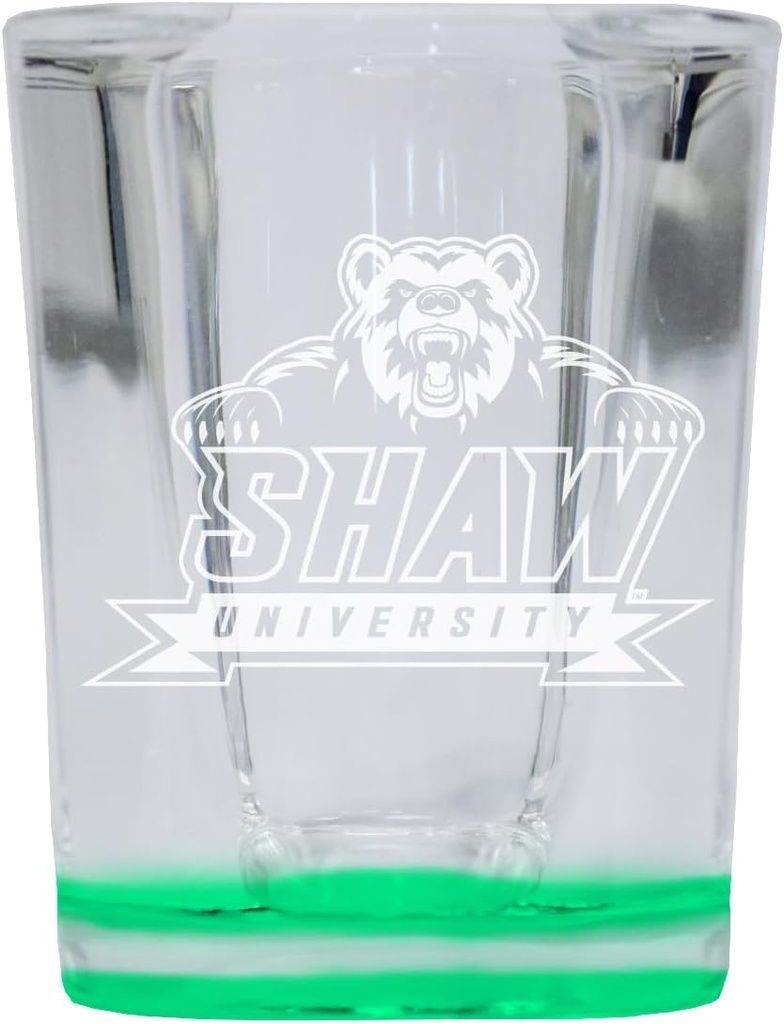 R and R Imports Shaw University Bears 2 Ounce Engraved Shot Glass Square Green Base Officially Licensed Collegiate Product 2-Pack