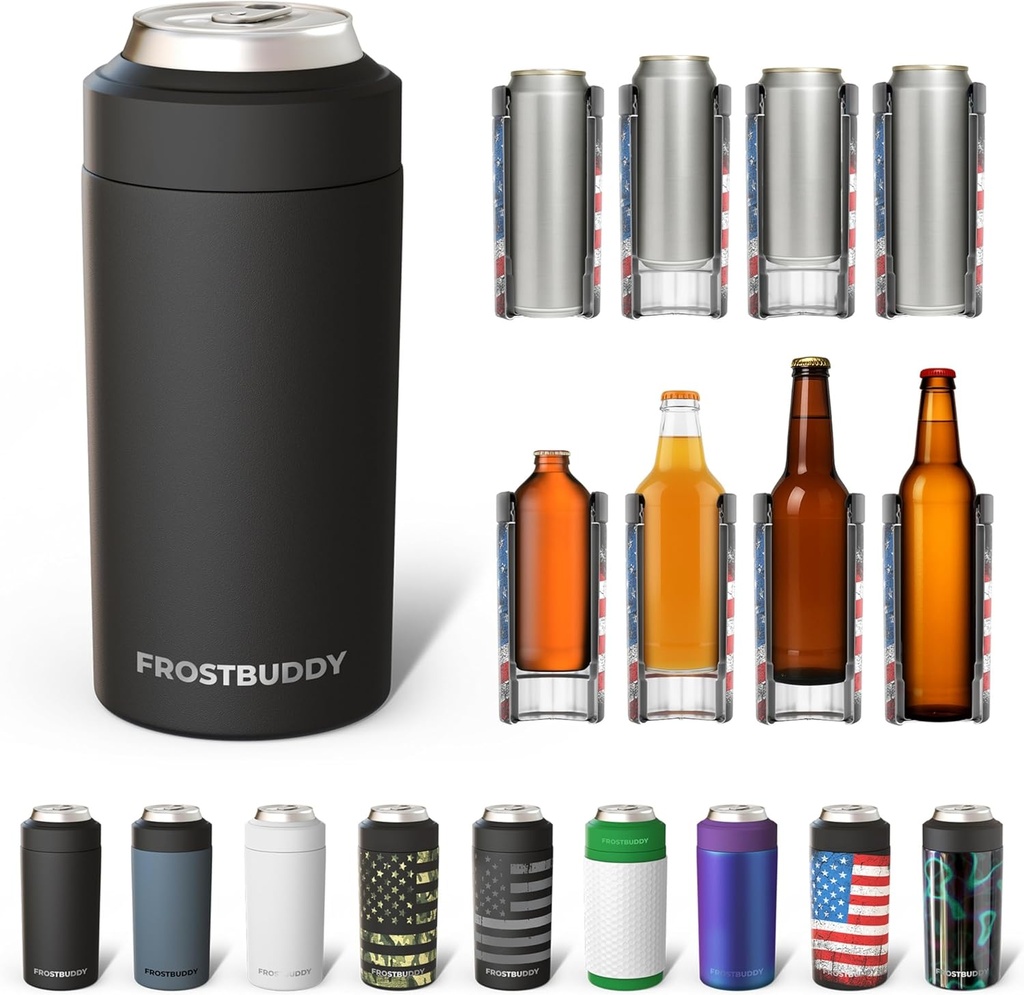 Frost Buddy Universal Can Cooler - Fits All - For Regular 12 & 16 oz or Slim-Size Bottles - Insulated Double-Walled Stainless Steel (MatteBlack)