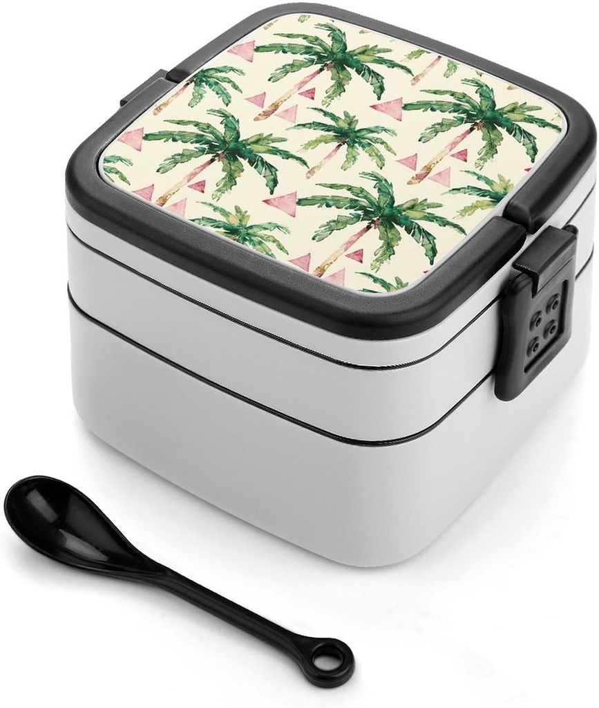 Green Palm Tree Bento Box - Double Layer, Leakproof Food Containers with Partition & Spoon, Stackable Lunch Box for Office, Travel, Camping
