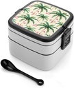 Green Palm Tree Bento Box - Double Layer, Leakproof Food Containers with Partition & Spoon, Stackable Lunch Box for Office, Travel, Camping