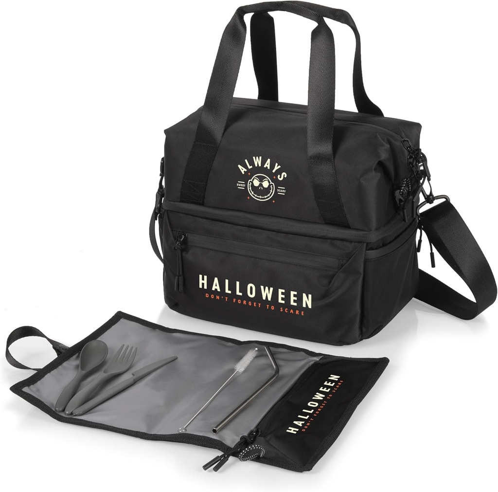 Picnic TIME Disney Nightmare Before Christmas Jack Skellington Tarana Lunch Bag Cooler with Utensils Made from Recycled Material, Lunch Box with Picnic Set, Lunch Cooler Bag, (Black)