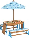 Qaba Kids Picnic Table, Wooden Table and Bench Set with Foldable Umbrella, Removable Cushions & Boxes, Dinosaur Theme Children Activity Table Outdoor Furniture for Patio, Blue