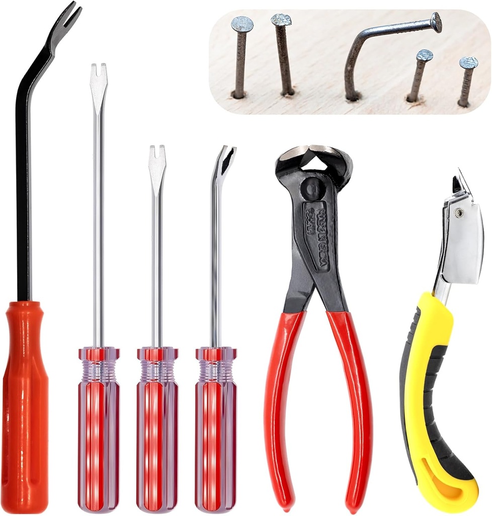 6Pcs Upholstery Staple Remover Tool with 7'' End Cutting Pliers, Tack Puller Lifter and Staple Removal Tool Quickly and Easily Extract Nails Set for Photo Frame Carpet Floor Furniture