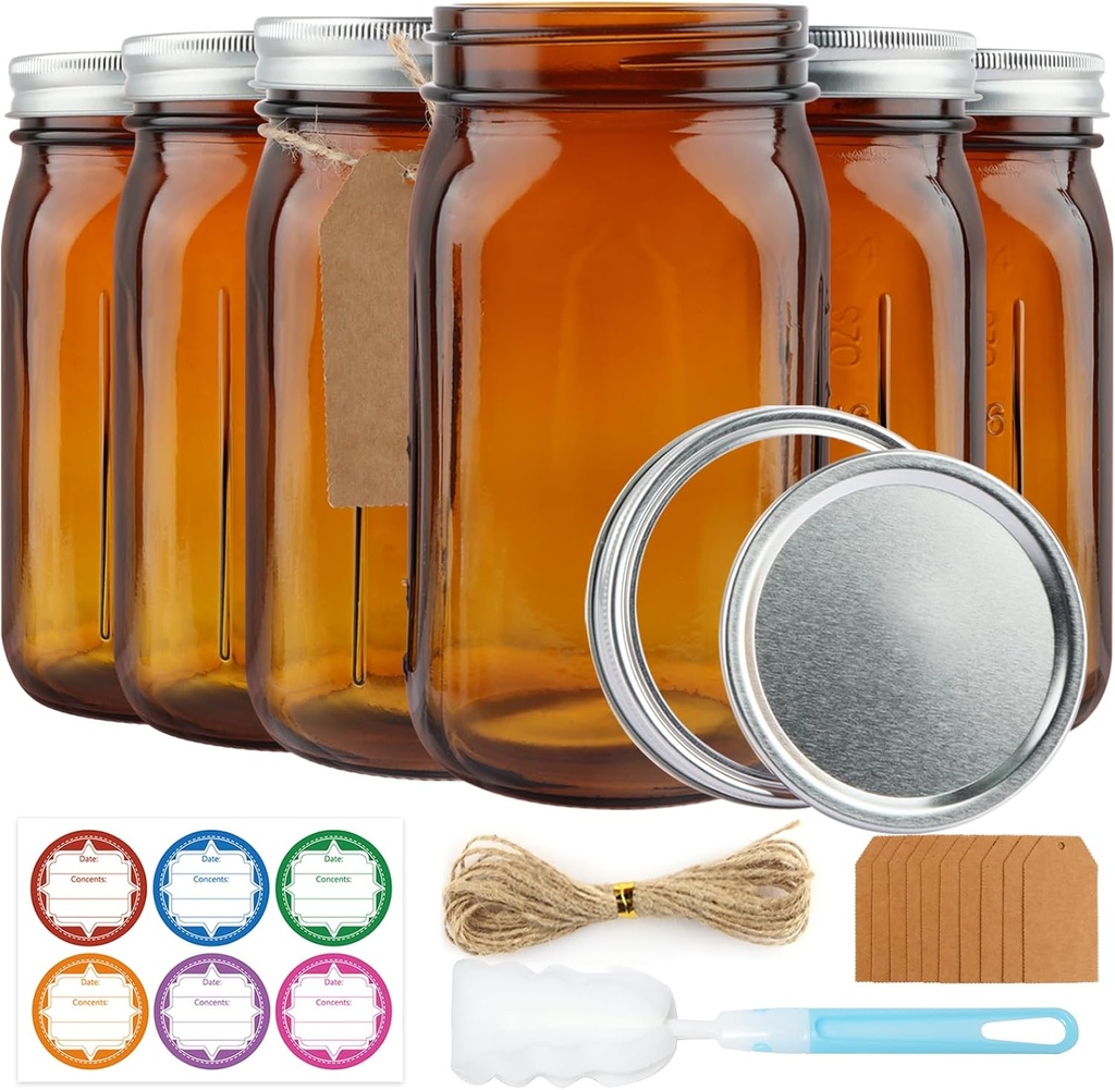6 Pack Mason Jars 32 oz, Amber Wide Mouth Canning Jars with Airtight Lids, Glass Pint Jars with Bands Labels Brush, Large Storage Quart Jars for Jam Fermenting Preserving