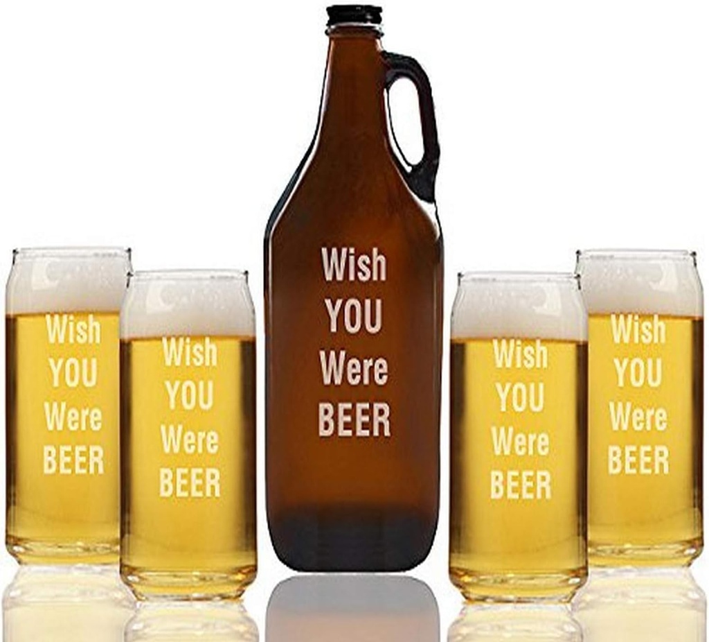 "Wish YOU WERE BEER" Amber Growler & Can Glasses, Set of 5