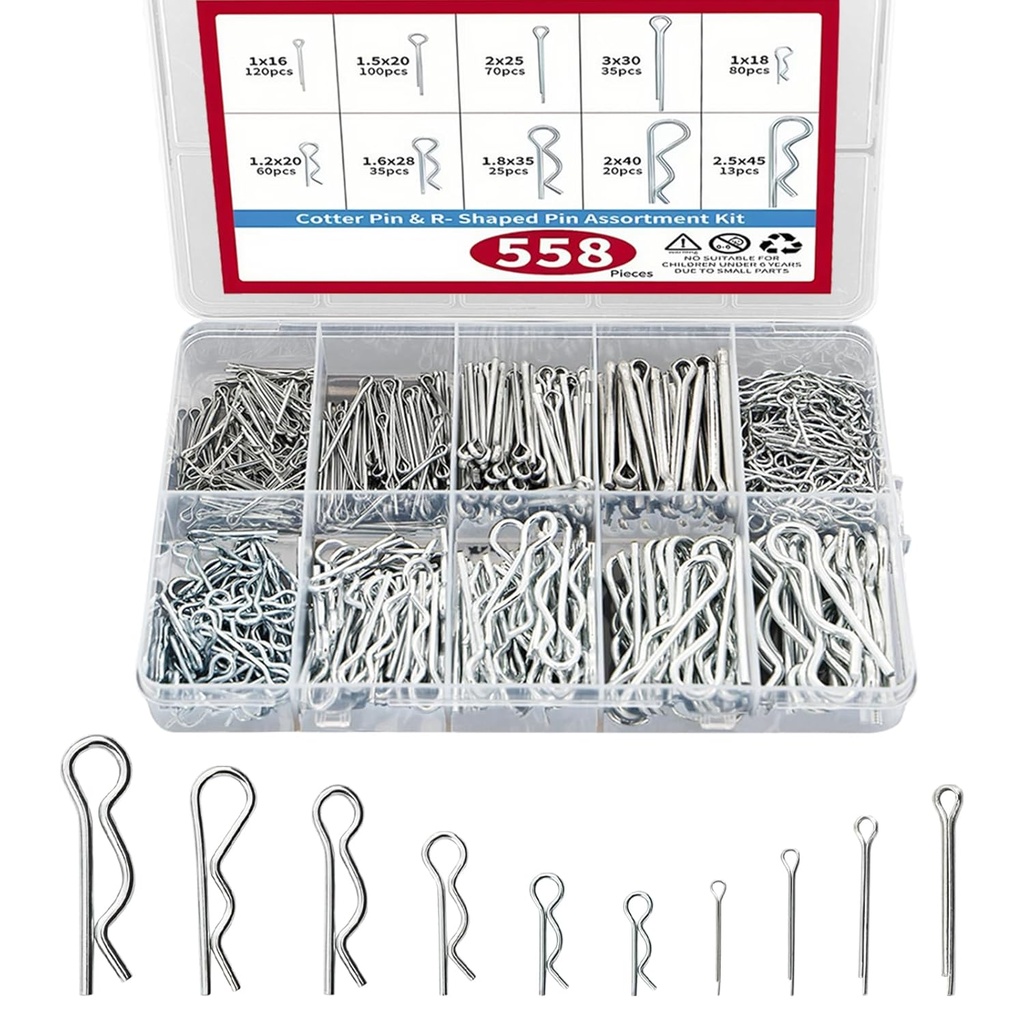 558 Pcs Cotter Pin Assortment Kit, 10 Sizes 304 Stainless Steel R Clips Hardware Pins & Hairpin Cotter Pins Set, Spring Fasteners Hitch Pin for Trailer Locking, Trailer Clamps, Lawn Mowers