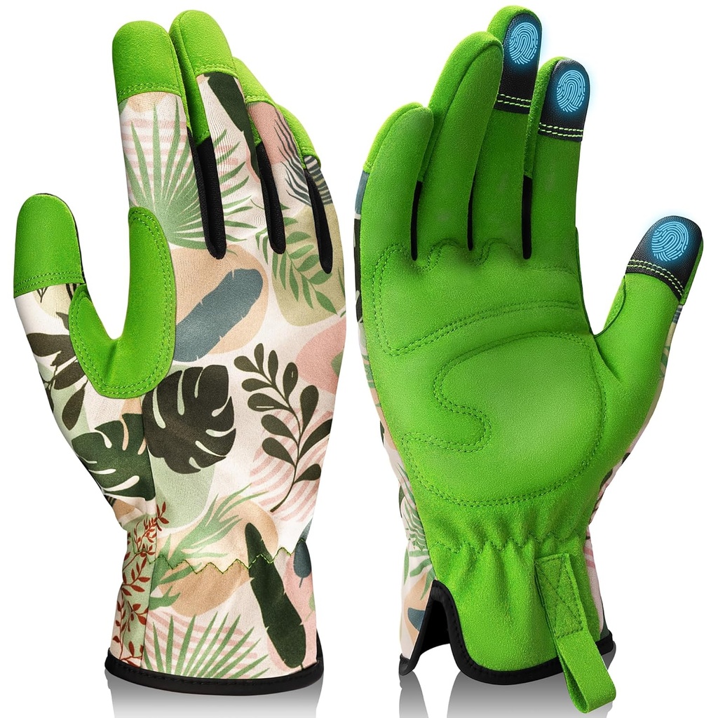 Gardening Gloves for Women, Breathable Leather Work Gloves, Thorn-Proof Gardening Gifts, Touchscreen Compatible, Protective Work for Digging, Planting, Pruning, Large Size, Green