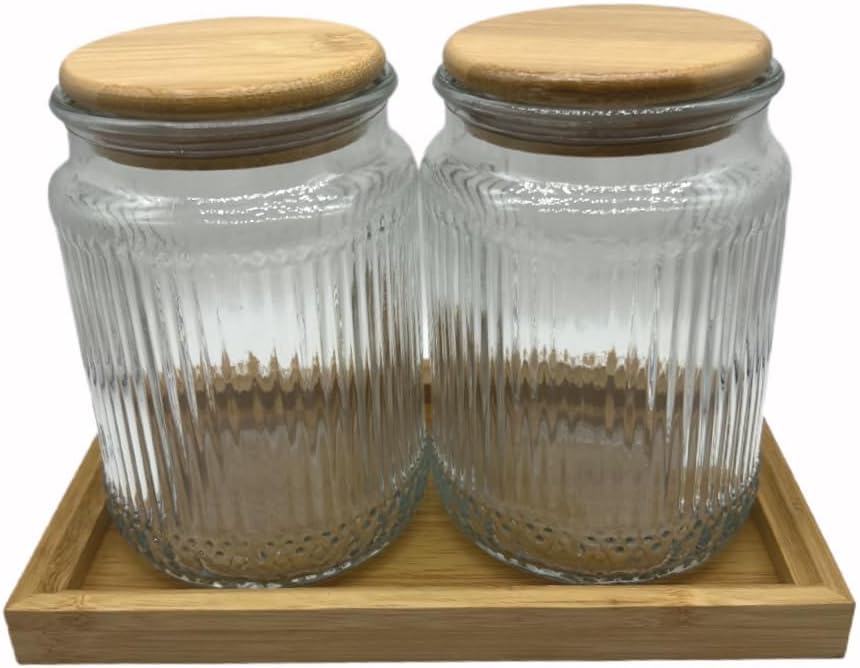 Decorative Glass Containers Canisters with Airtight Wooden Lids 2 PACK,Food Jar for Kitchen,Bathroom Bath Salts Decor Organizers Countertop Holder with Vanity Tray (Stripe Embossed, 23oz)