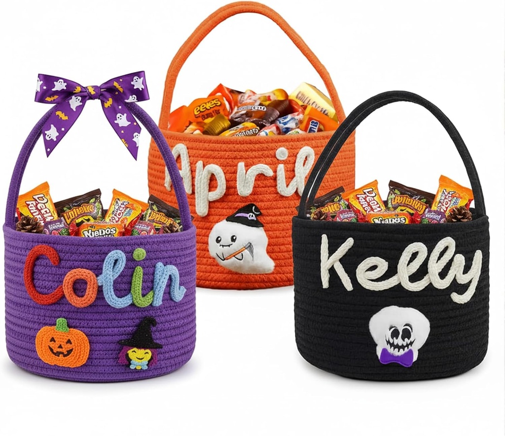 MBBEST Personalized Halloween Basket with Name Custom Double Rope Handle Cotton Candy Tote, Trick-or-Treating Bucket, Halloween Gifts Basket for Kids & Adults