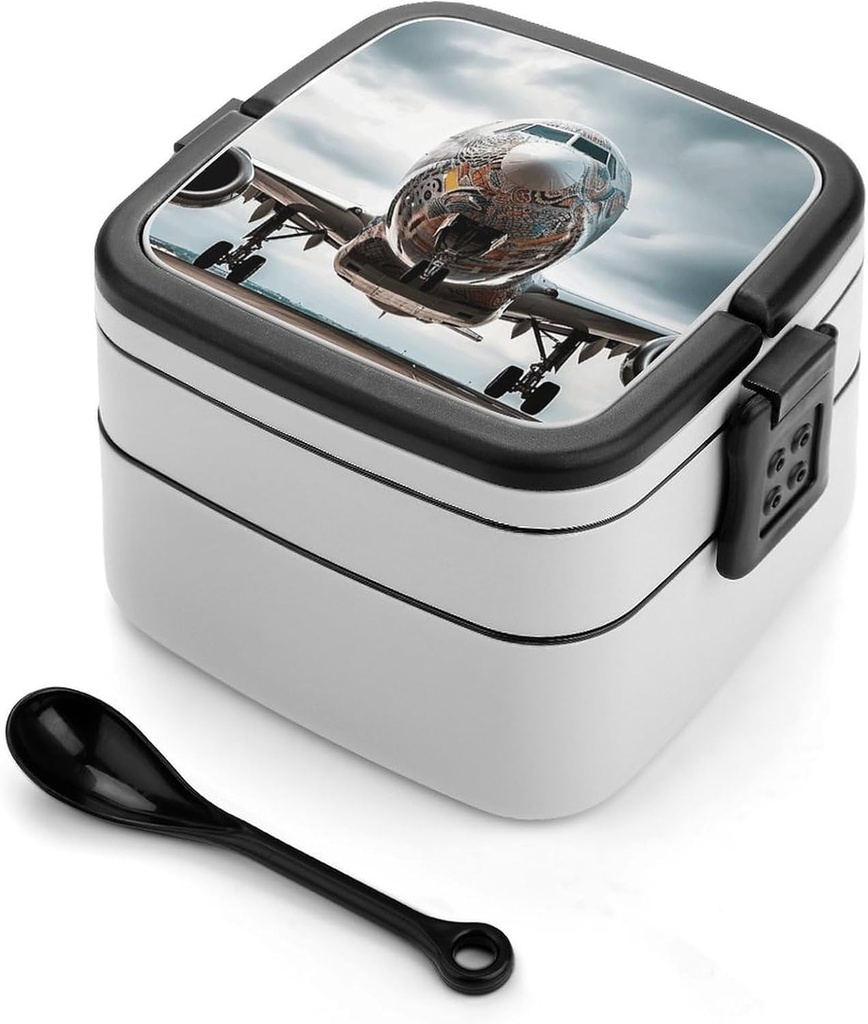 Personalize Double Layer Bento Box Airplane Art Lunch Box - Durable, Leak-Proof with Spoon Adult Premium Bento Case for Work Travel Camping