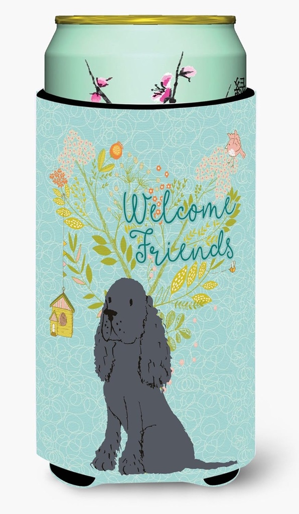 Caroline's Treasures BB7618TBC Welcome Friends Black Cocker Spaniel Tall Boy Hugger Can Cooler Sleeve Hugger Machine Washable Drink Sleeve Hugger Collapsible Insulator Beverage Insulated Holder