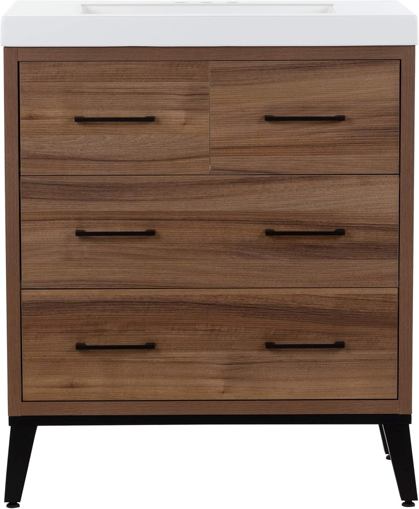 Spring Mill Cabinets Rialta 31 Inch Modern Bathroom Vanity with White Single Sink Top, 3 Soft-Close Drawers, 31.06" W x 18.75" D x 36.66" H, Caramel Mist