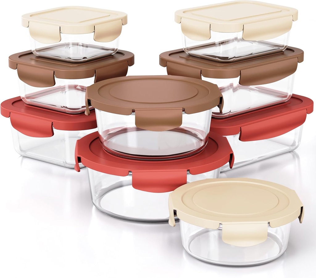 18pcs Glass Food Storage Containers with Lids, Kitchen Large Lunch Fruit Sandwich Storage Containers for Fridge, BPA-Free, Dishwasher&Microwave Safe, Leak-Proof for Meal Prep