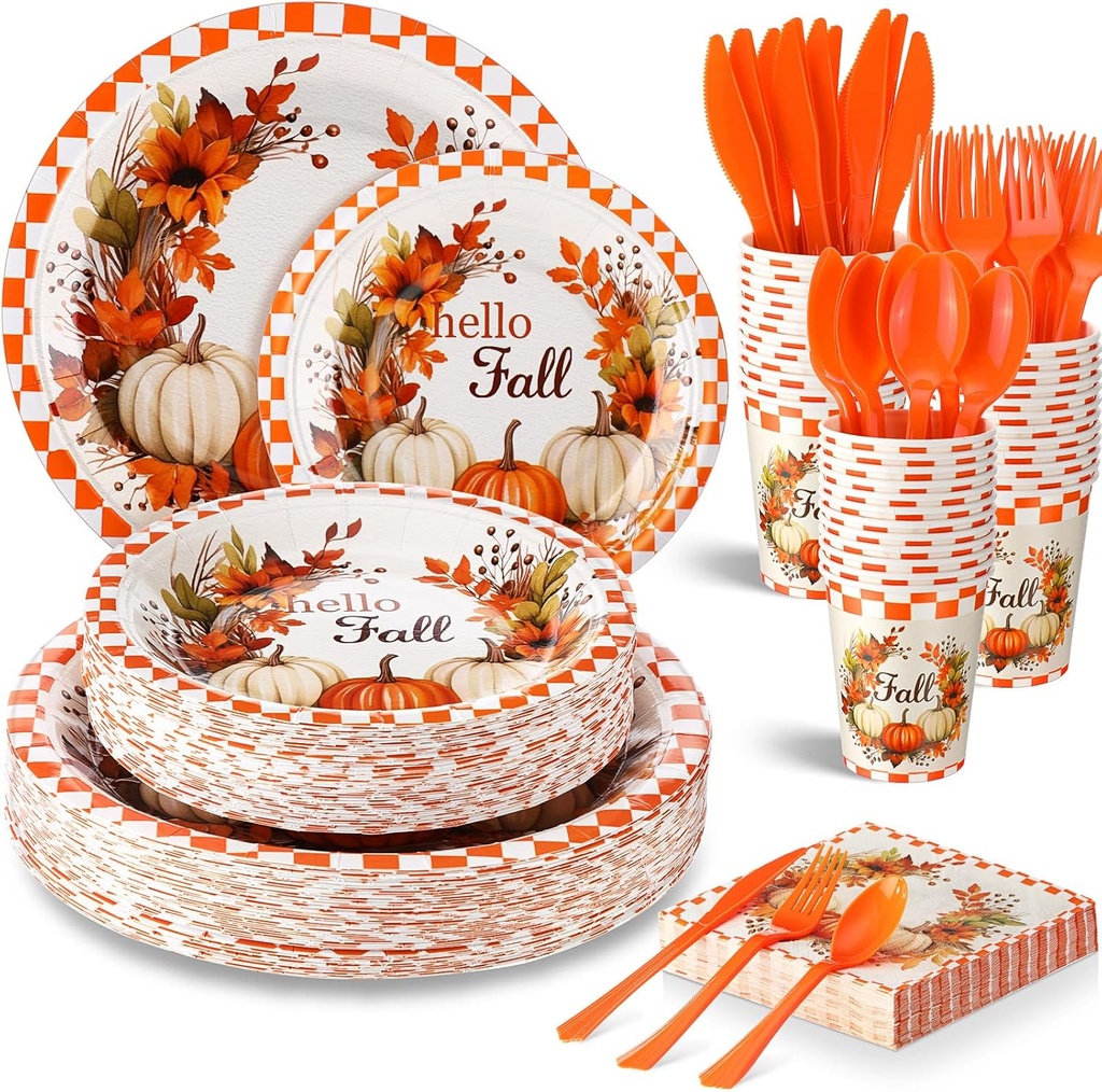 Sliner 350 Pcs Fall Paper Plates and Napkins Sets Party Supplies Thanksgiving Disposable Tableware Set Heavy Duty Pumpkin Paper Plates Orange Fall Cups Napkins Knife Fork Spoon, Serve 50 Guests