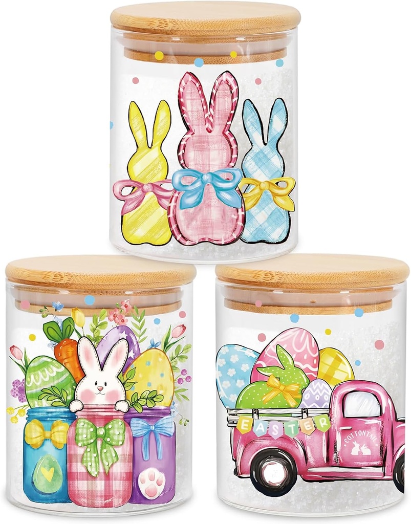 3Pcs Easter Glass Storage Jars Watercolor Bunny Truck Egg Clear Canisters Sets with Airtight Lids for Spring Home Kitchen Countertop Decor