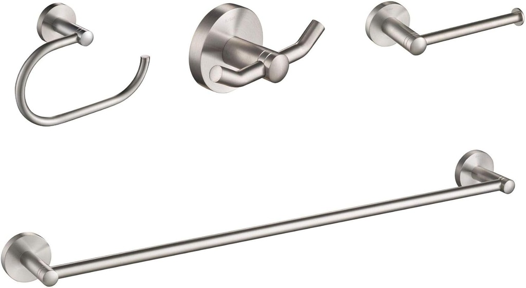 KRAUS Elie 4-Piece Bath Hardware Set with 24-inch Towel Bar, Paper Holder, Towel Ring and Robe Hook in Brushed Nickel
