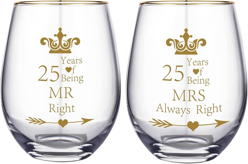 Pack of 2 Wine Glass Mr Right Mrs Always Right Wedding Engagement 25th Anniversary Cups for Couple Parents Tumbler 25 Years Anniversary Present Wine tumbler Cups