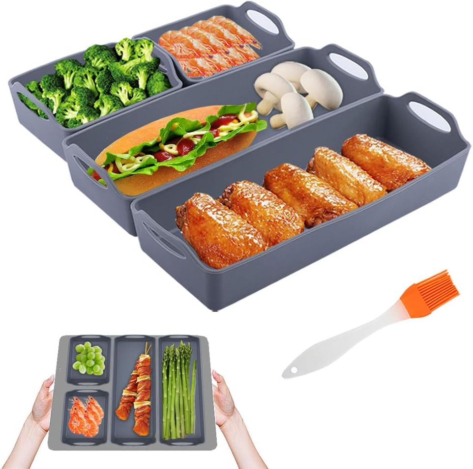 4 Pcs Silicone Baking Sheet Pan Dividers with Silicone Oil Brush, Sturdy Heatproof Handles Nonstick Tray Nonstick Divided Sheet Pan for Oven Microwave Fridge Dishwasher Safe (Grey)