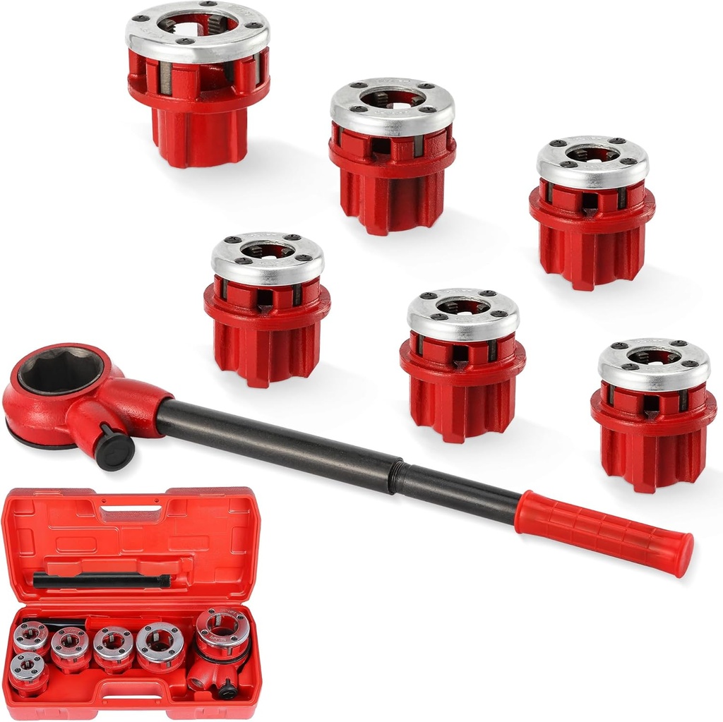 Pipe Threader Ratchet Kit， Manual Ratcheting Pipe Threading Tool Set with 6 NPT Dies (1/4" 3/8" 1/2" 3/4" 1" 1-1/4"),Portable Pipe Threading Tool Set for Galvanized Aluminum Iron Copper Pipes