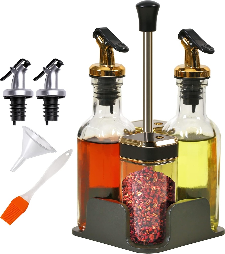 Oil and Vinegar Dispenser Set with Caddy, Glass Bottle Seasoning Pepper Salt Dispenser Oil Spouts Oil Funnel Brush Kit