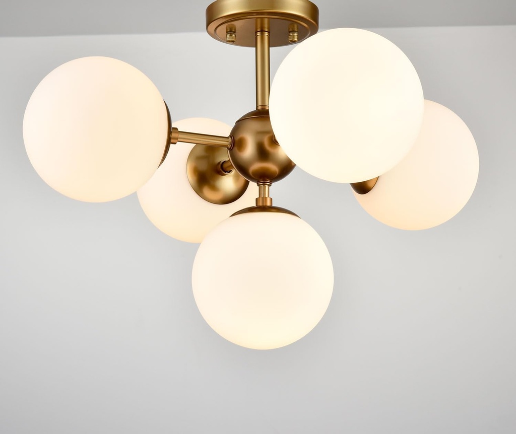 DIRYZON Mid Century Modern 5-Light Semi Flush Mount Ceiling Light,Brass Sputnik Ceiling Light with Opal Globe Glass for Living Room Bedroom Hallway
