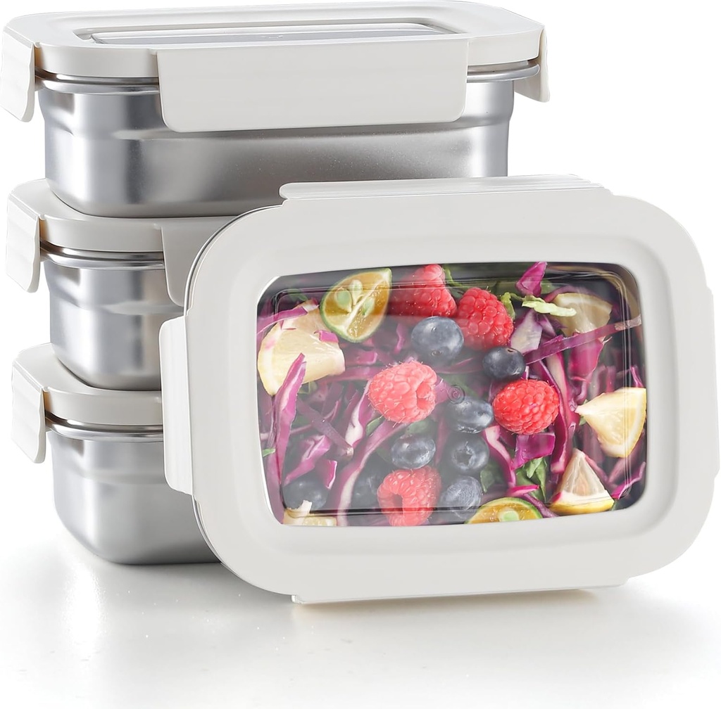 BEFOY Stainless Steel Snack Food Storage Container with Lids 4PCS 22.8OZ Leak Proof & Airtight Bento Box Lunch Container for Kitchen Meal Prep freezer Rectangular,Reusable & Stackable(white)