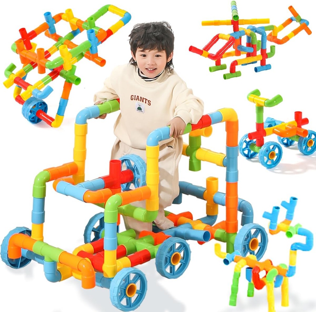 RAINBOW TOYFROG Fun Plus Size 156 Piece Pipe Building Blocks Set for Kids 4-8, Toddlers, Daycare - Educational STEM Interlocking Pipes, Tubes, Construction Blocks. Makes Variety of Cars & Push Toys