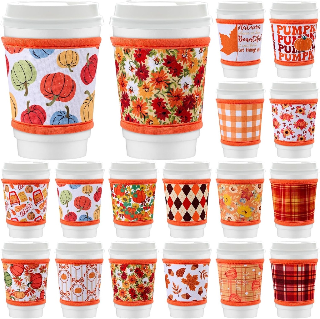 16 Pack Reusable Iced Coffee Cup Sleeves Neoprene Insulated Drink Cup Insulator Sleeve for Cold Hot Drinks Ice Coffee Sleeve for 12-16Oz(Fall)