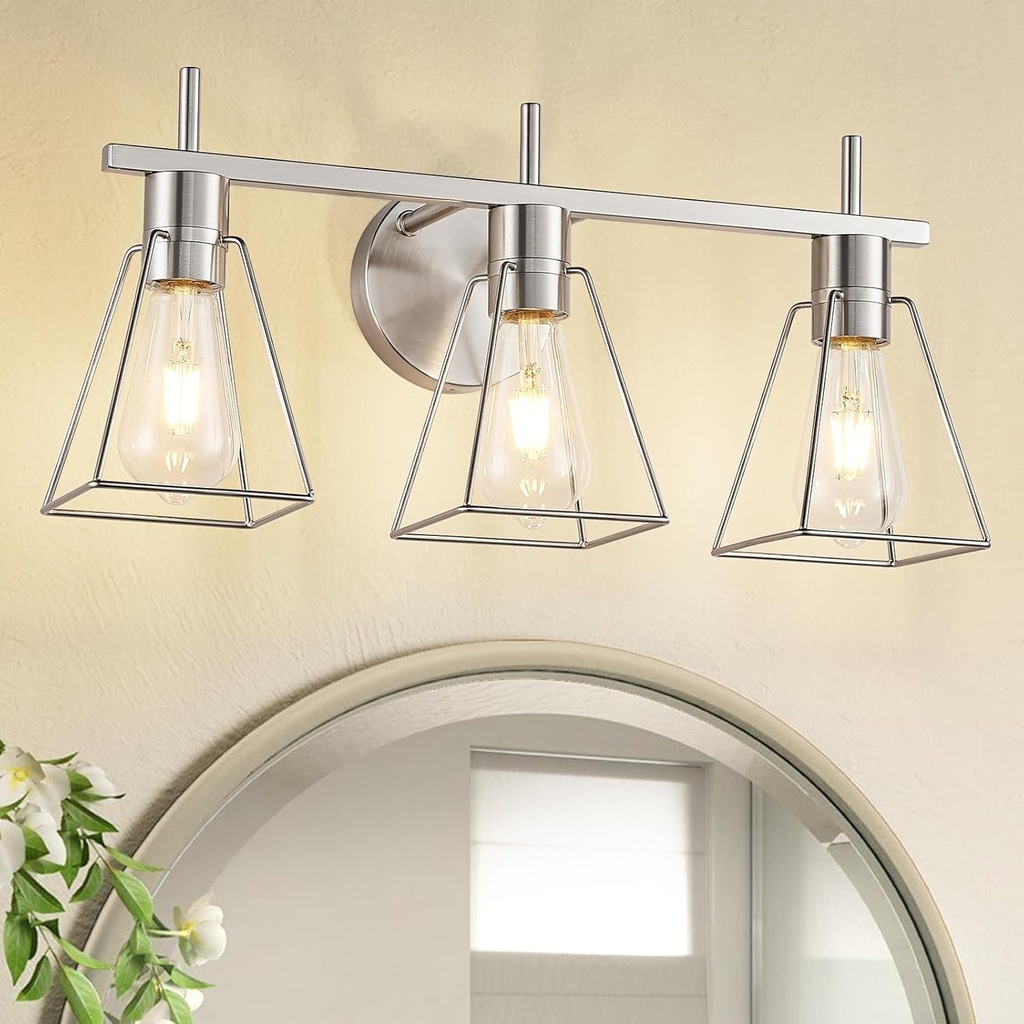 Farmhouse Bathroom Vanity Light Fixtures Over Mirror, Brushed Nickel 3-Light Wall Sconce with Metal Cage, E26 Socket (Bulbs Not Included)