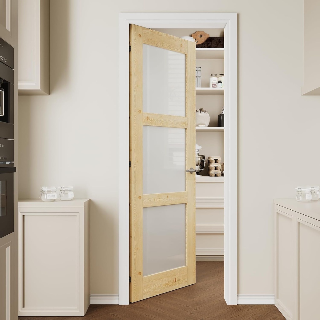 28"x80" 3 Lite Frosted Glass Interior Door Slab Shaker, Pre-Built Panel for Barn Doors, Pocket Doors, French Door, Pantry, Bedroom, Closet, Laundry & Bathroom, Solid Knotty Pine Wood