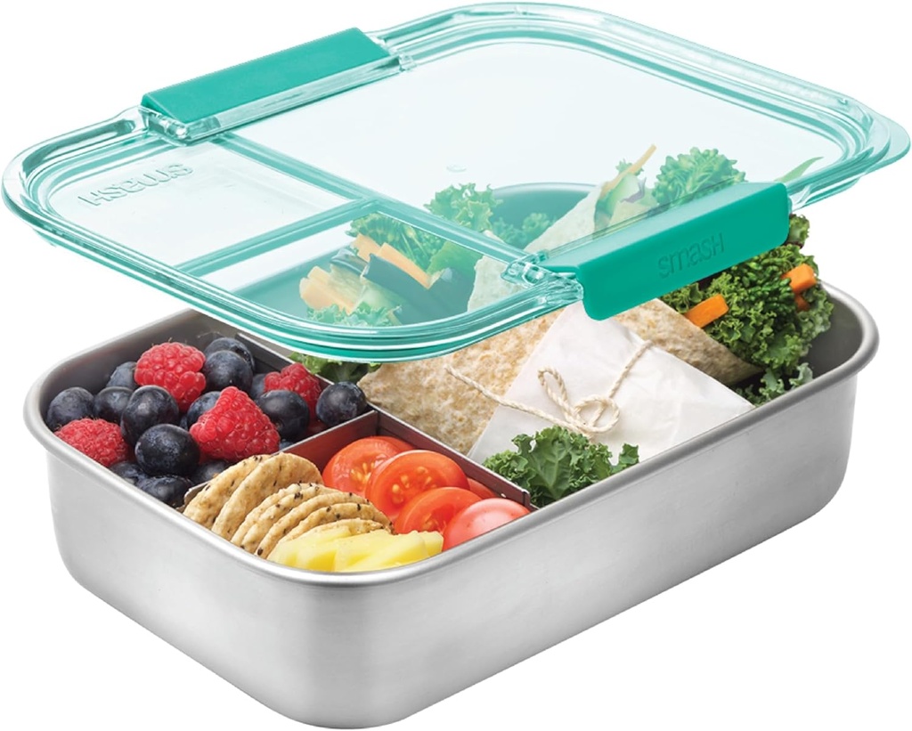 Smash Microwave Safe Stainless Steel 3 Compartment Bento Lunch Box, 44oz Mint