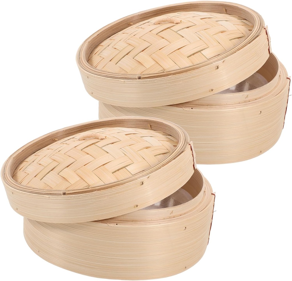 Cabilock 2pcs Steamers with Cover Handmade Natural Steam Basket for Chinese Dim Sum Cooking Kitchenware for Steaming Dumplings Vegetables Meat Rice Seafood
