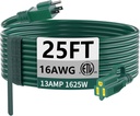 HUANCHAIN Indoor Outdoor Green Extension Cord 25 ft Waterproof, 16/3 Gauge Flexible Cold-Resistant Appliance Extension Cord Outside, 13A 1625W 16AWG SJTW, 3 Prong Electric Cable, ETL