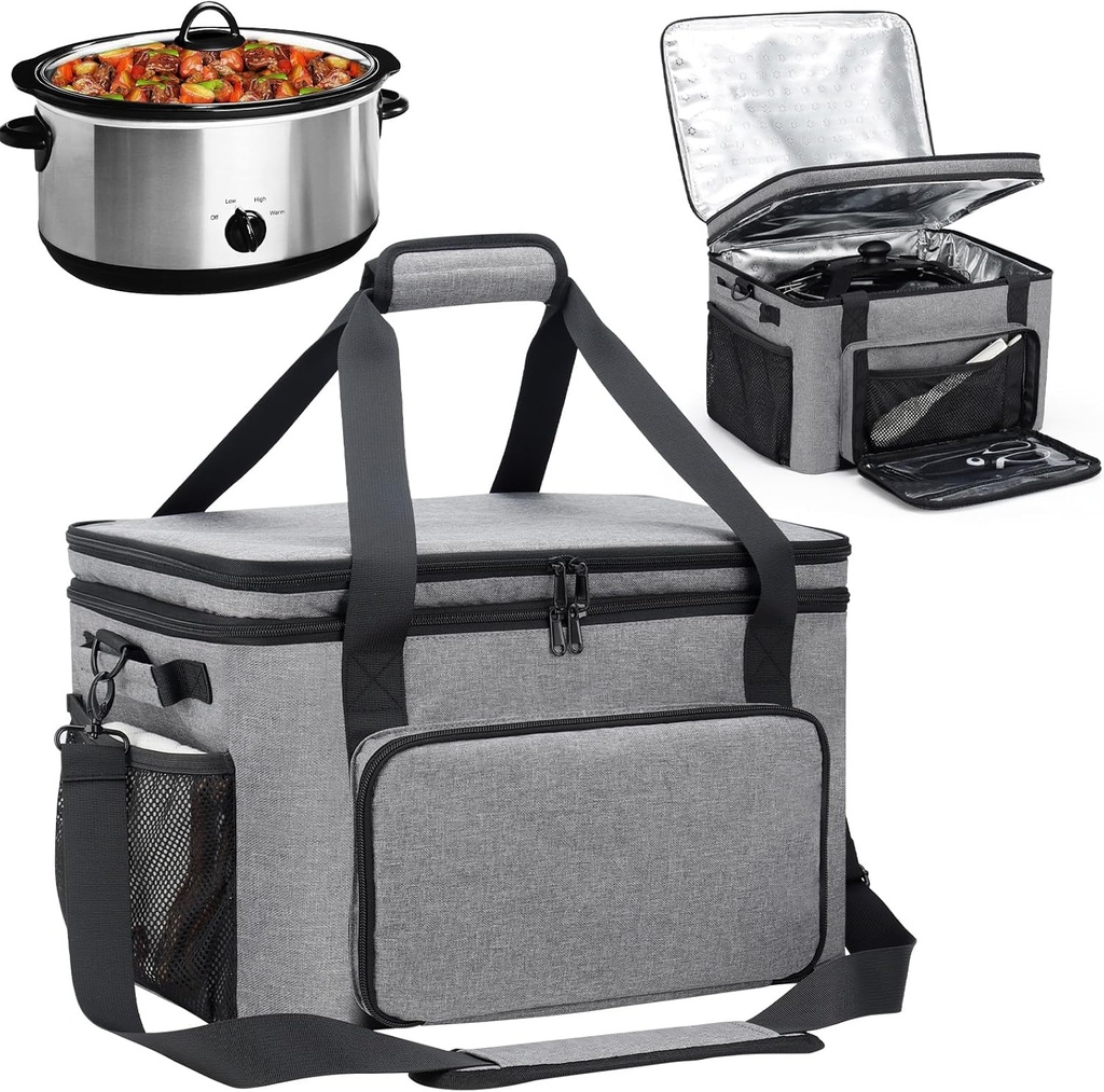 Slow Cooker Carrying Bag, Double Layer Insulated Design Slow Cooker Carrier with Removable Hard Liner and Pot Lid Fastener Fit for 6-8 Quart Crock Pot, Gray
