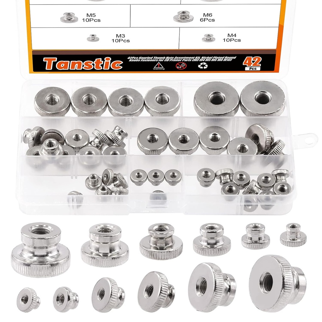 Tanstic 42Pcs Knurled Thumb Nuts, M3 M4 M5 M6 M8 M10 Round Knobs Fasteners with Nickel Plated Adjusting Nuts Metric Thread