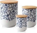 Canisters Sets for Kitchen - Ceramic Kitchen Containers for Countertop with Airtight Wood Lids - Flour and Sugar Containers for Coffee Tea Spice Beans Cookie Jars - Blue Set of 3