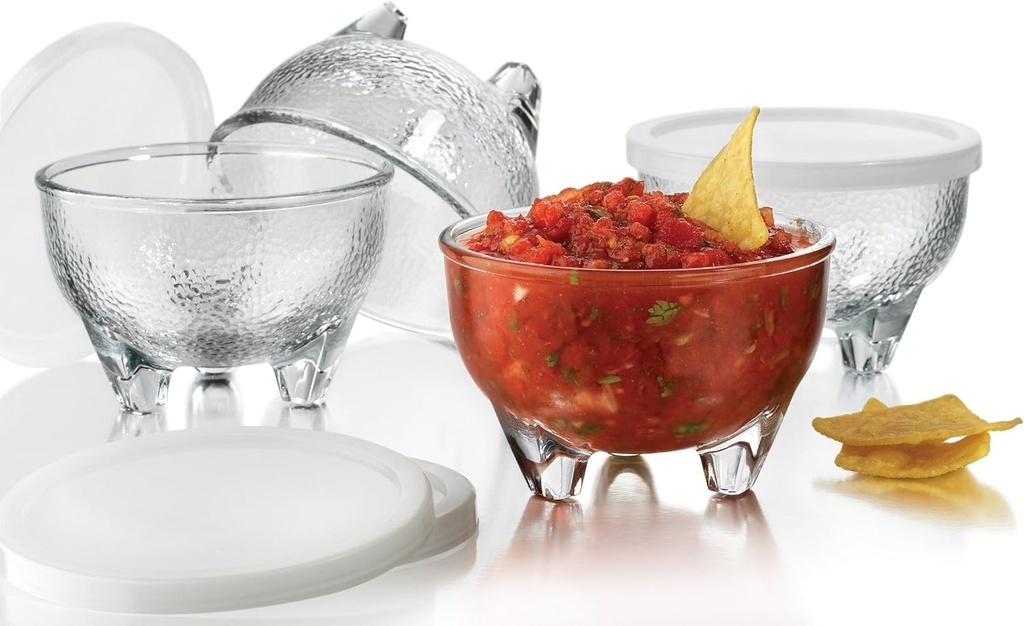 Libbey Salsa Set 4 Glass Bowls 10.8 oz & 4 Plastic Lids