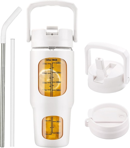 [BRSRAZYRCQNRQC33] kytffu Glass Tumbler with Straw and Lid, 32oz Iced Coffee Cup, Glass Water Bottle with Time Marker, Wide Mouth Glass Cup with Silicone Sleeve, Fits Cup Holder, BPA Free, Leak Proof(2 Lids, White)