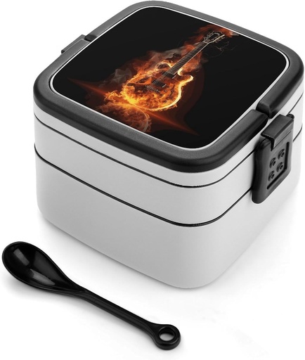 [BRSREHQZDEHRGF3K] Personalize Double Layer Bento Box Fire Guitar Lunch Box - Durable, Leak-Proof with Spoon Adult Premium Bento Case for Work Travel Camping