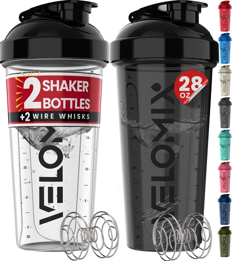 [BRSROCQZCQCAOAI3] VELOMIX -2 Pack- 28 oz Protein Shaker Bottles for Protein Mixes - 2x Wire Whisk | Leak Proof Shaker Cups for Protein Shakes | Protein Shaker Bottle Pack (Black/Transparent)