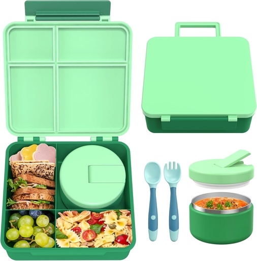 [BRSROAT4B4MWYDY7] Bento Lunch Box with 8oz Soup Thermo, Leak-Proof Lunch Containers with 4 Compartment, Thermo Hot Food Jar and Insulated Lunch Box for School Green