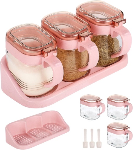 [BRSRE2Y6CUMWAYDL] Pink Glass Spice Rack Set, 3 PCS Seasoning Containers, Hanging Wall-Mountable Spice Jars with Lids and Scoops, Easy Installation, Ideal for Kitchen Organization