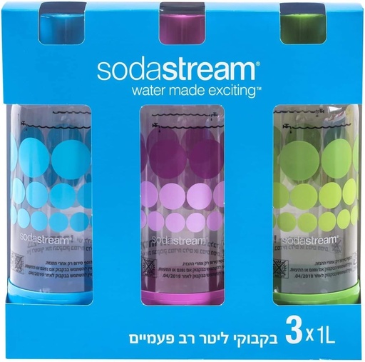 [BRSWIGY2OEPWGFLE] Original sodastream Three Pack 1 Liter Carbonating Bottles for Home - Lasts 2 years - Purple, Blue, and Green