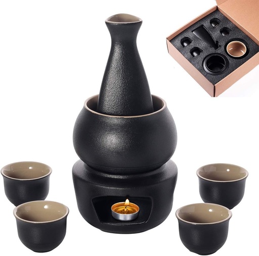 [BRSROBITOEDQM3L2] Tea Pots Sake Set and Cups with Warmer Traditional Porcelain Japanese Pottery Hot Saki Drink Set Kit 7 Piece Include 1 Stove 1 Warming Bowl 1 Sake Bottle 4 Cup (Black)