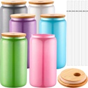 Bokon 6 Pack 16oz Sublimation Glass Blanks with Bamboo Lids and Straws Beer Can Tumbler Color Changing Frosted Cups Iced Coffee Iridescent Sublimation Glass Cups for Cocktail Soda Yogurt Juice