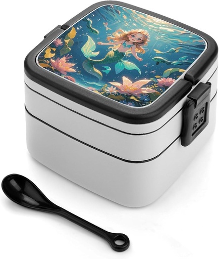 [BRSREFALOAGQMEQ2] Double Layer Bento Box for Adults Mermaid Academy Print Stackable Bento Box Removable Lunch Boxes for Dining Out,Work