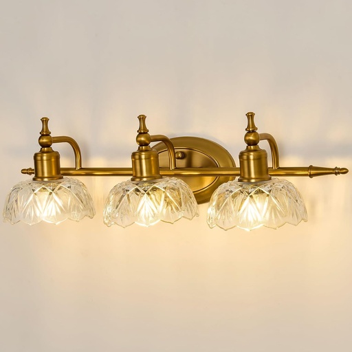 [BRSREGT7CEFAYDQ4] Vintage Gold Vanity Light 3 Light Bathroom Lighting Fixtures Over Mirror Wiht Glass Shade