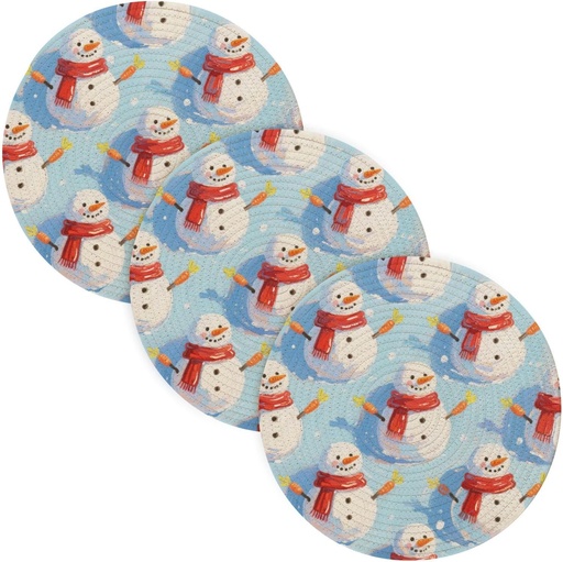 [BRSREAL7CQNBAADO] 3 Pcs Trivet Mat Set for Crock Pot Merry Christmas White Snowman 15in Polyester-Cotton Thread Weave Home Decor alfombrilla de para cocina