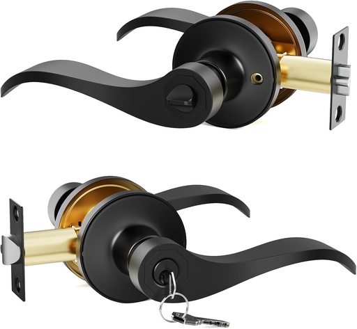 [BRSRAAAKBEFWADLH] 1 Pack Entry Black Door Handle with Lock and Key, Door Levers Interior Exterior Handle Lock, Reversible Front Entrance for Bedroom Wave Style Lever Handles