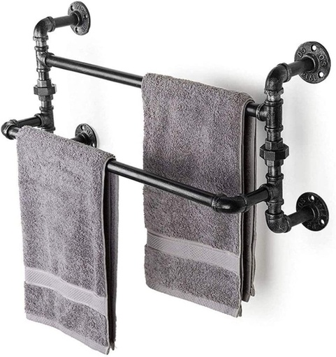 [BRSRAZ32BF6WKDL3] Towel Rack Towel Hanger Towel Bar Retro Towel Rack with Double Towel Holder Wall-Mounted Shower Shelf Industrial Style Iron Pipe Pipework Wall Shelves Towel Racks for Bathroom